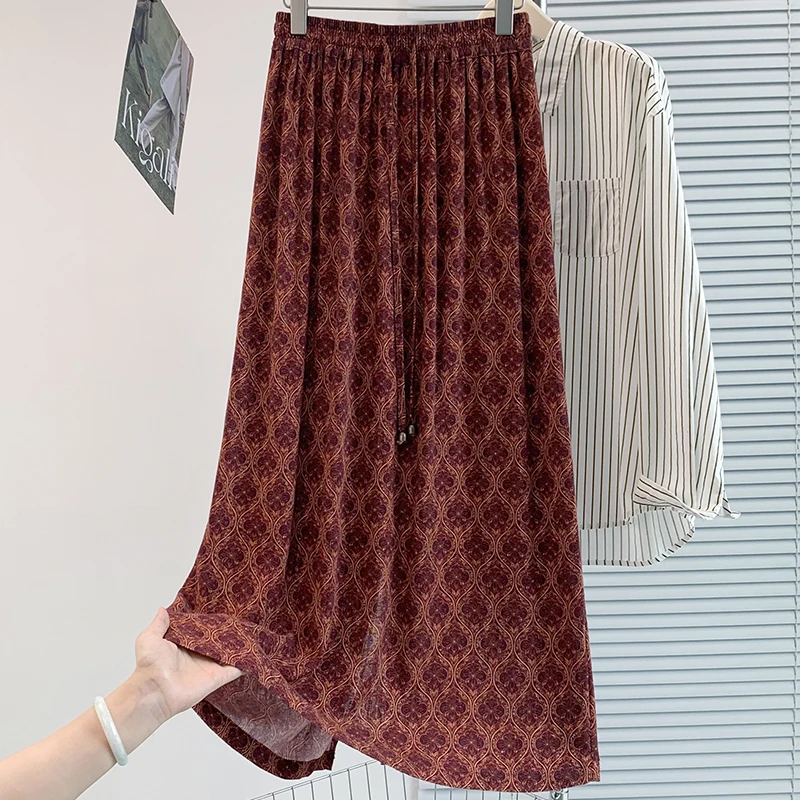 

Quality Good Breathable Loose Fit Straight Tube Midi Skirt Red Flower Elastic Waist Thin Style Women's Fashion Spring Summer