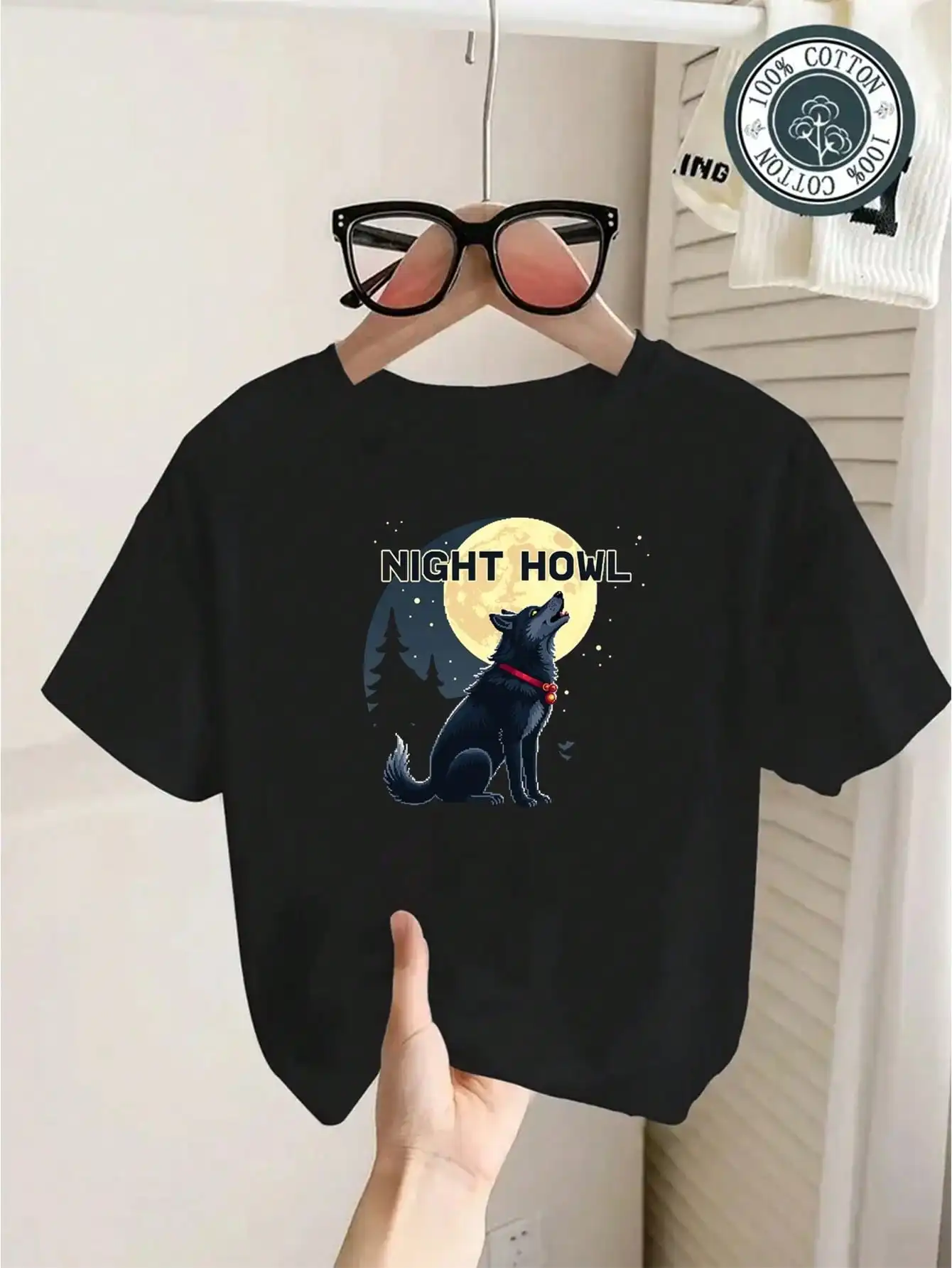 Camiseta de algodón Night Howl, camiseta negra con silueta de luna y lobo, camisetas cómodas y lindas con estampado artístico en el desierto