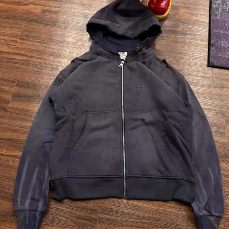 Fading Purple Vintage Distressed Washed Worn Blank Jacket Oversize Saint Hood Sweatshirt Streetwear Men Women Fleece Hoodie