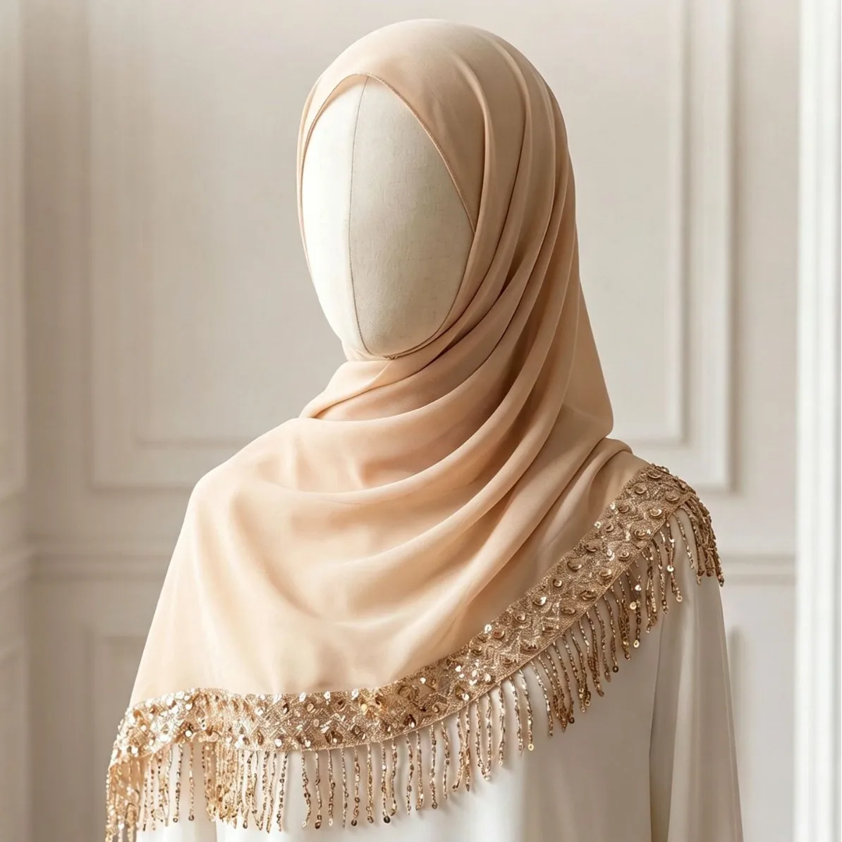 Ethnic Sequin Fringe Chiffon Long Headscarf Solid Color Wrap Shawl Embroidered Head Cover for Women