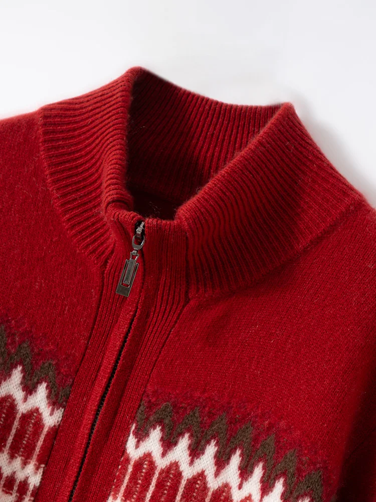

Half High Collar Fair Isle Cardigan Autumn Winter Women's Soft Warm Zipper Sweater 100% Cashmere Knitwear Casual Retro Style Top