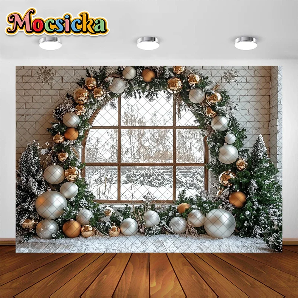 Mocsicka Photography Background Winter Christmas Wreath Window Holiday Decoration Supplies Family Portrait Photo Studio Props