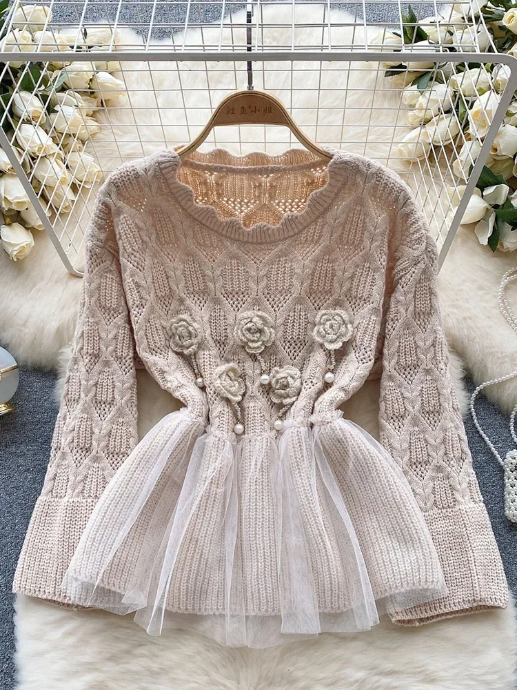 Women Autumn Pullovers Korean Version Leisure Time Gentle Design Feel Mesh Ruffle Flap Versatile Knitwear Long Sleeve Top D5075