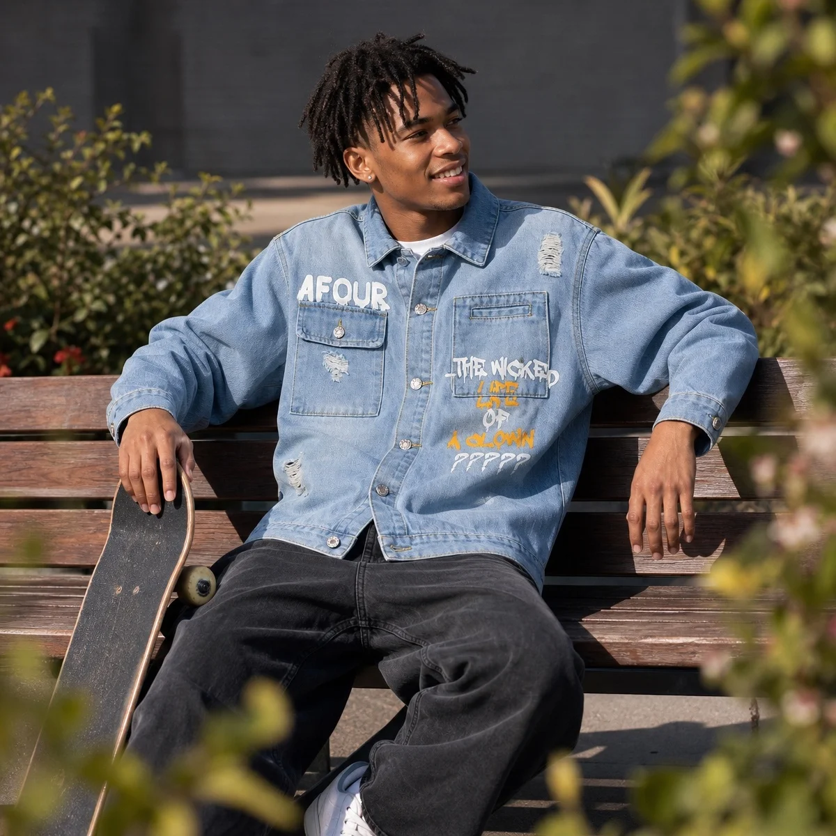 Men's Trendy Long Sleeve Pattern Printed Denim Jacket, Oversized Loose Streetwear Plus Size Versatile Casual Jean Coat