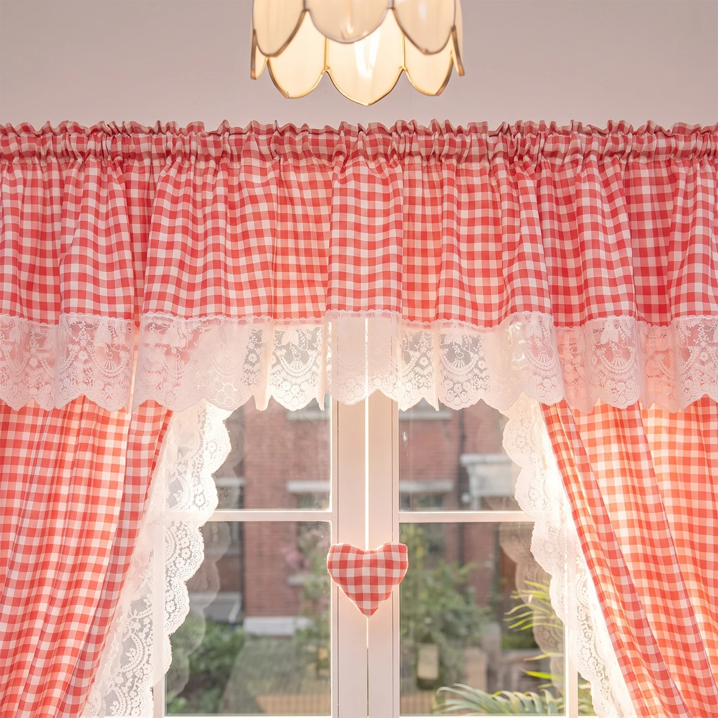 1PC Red Gingham Check Curtain With Lace Embroidery, Light Filter Window Drape For Bedroom Living Room, Lovely Housewarming Gift