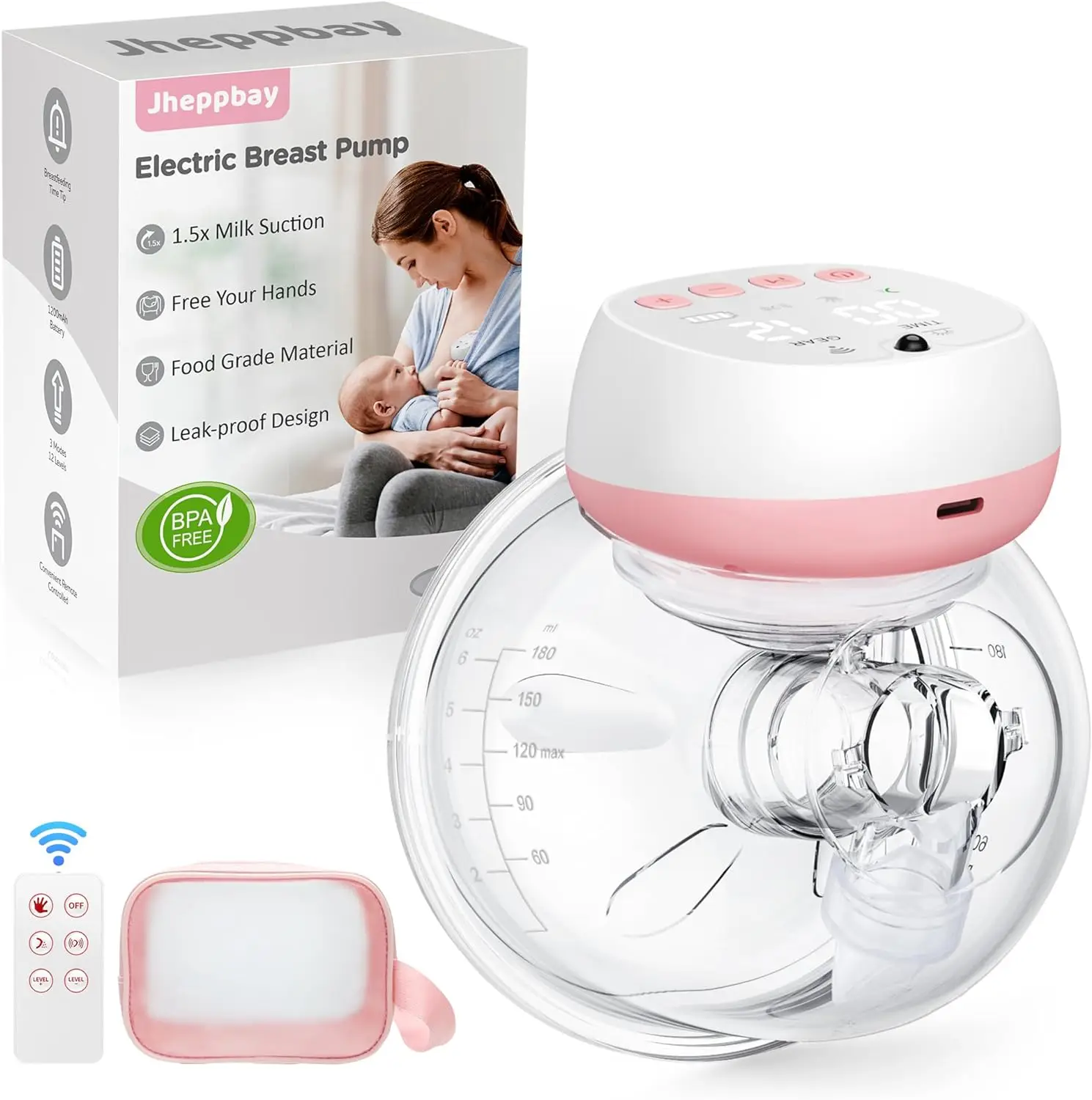 Wearable Electric Breast Pump 12 Levels 3 Modes Leak-Proof Handsfree Breastfeeding BPA Free Remote Control Wireless Breastpump