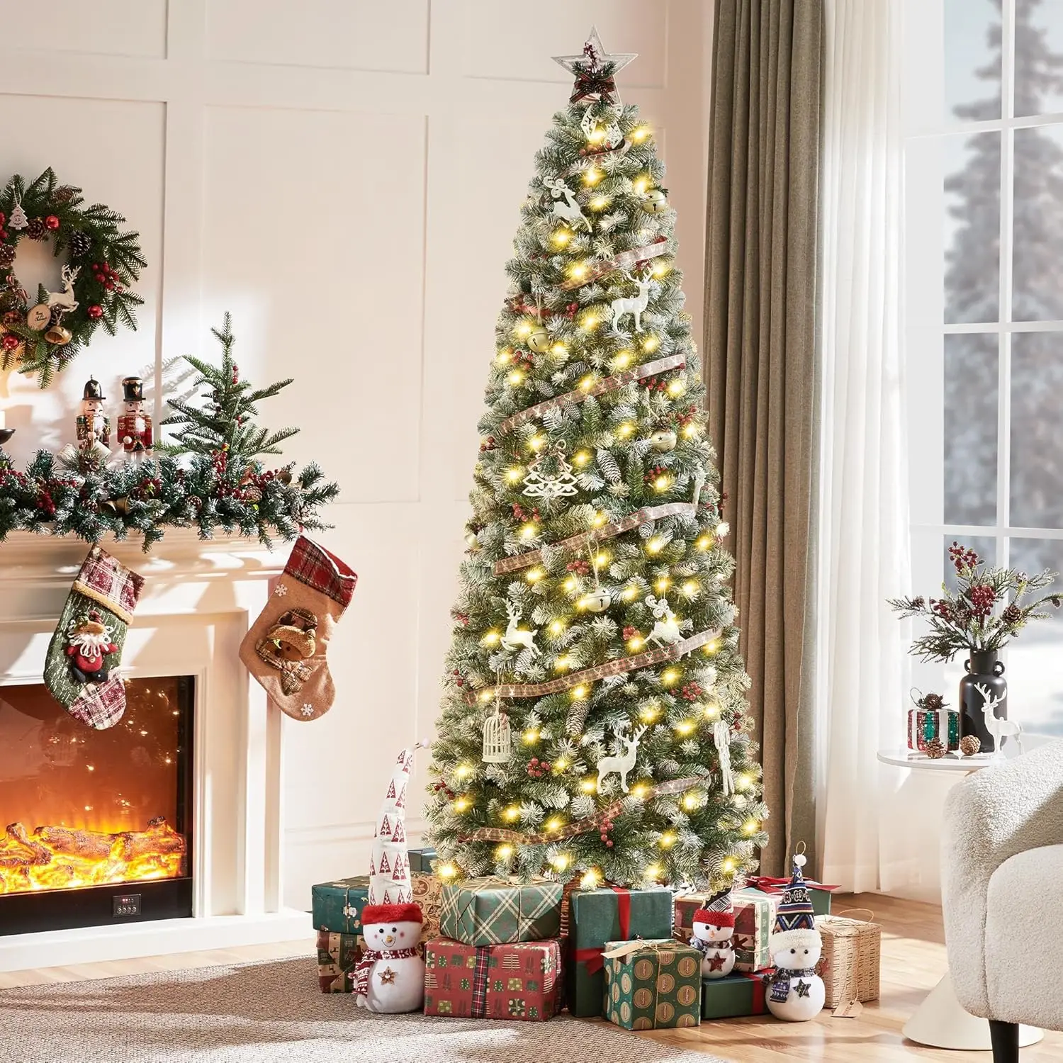 6ft Pre-lit Frosted Pencil Christmas Tree, Skinny Frosted Holiday Tree w/ 618 Tips, 200 Lights, Pine Cones, Metal Hinges & Base