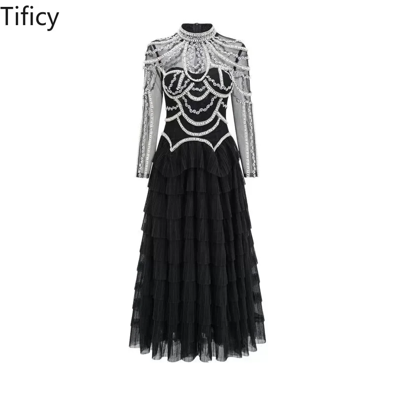 

New Product Heavyweight Goddess Temperament Mesh Handmade Nail Beads Gorgeous Eye-catching Banquet Evening Dress Cake Long Dress