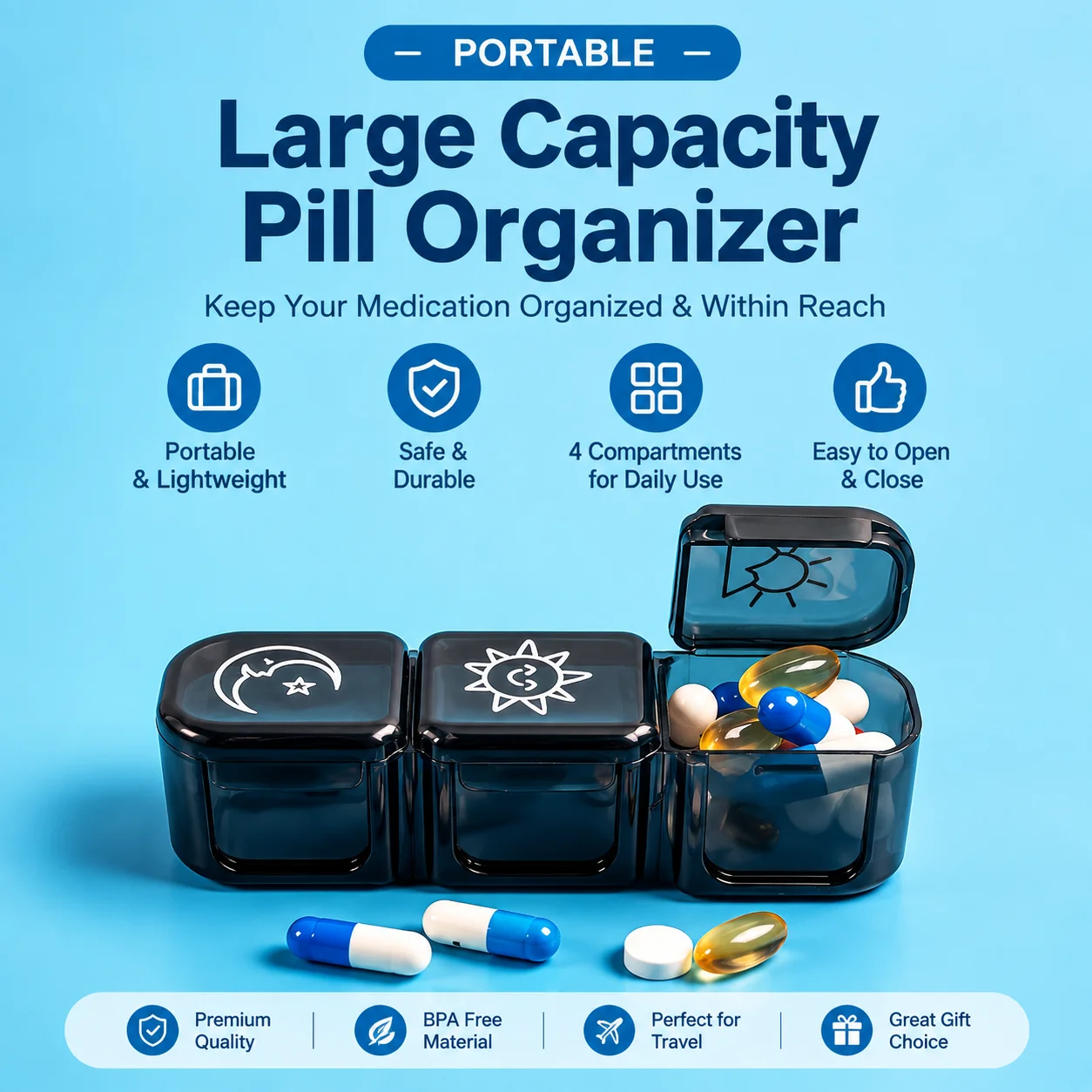 Morning Noon Evening Pill Organizer 3 Compartment Portable Medicine Box Multi Color BPA Free Sealed Drug Storage Case