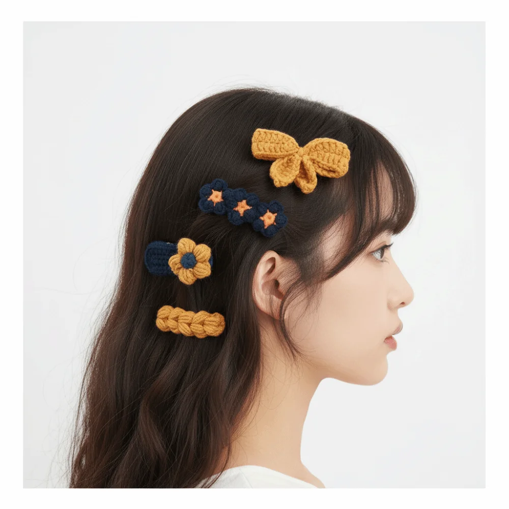 

4Pcs Fashion Knit BB Hair Clips Cute Flower Border Elegant Bow Bang Clips Bow Hairpin Hair Accessories