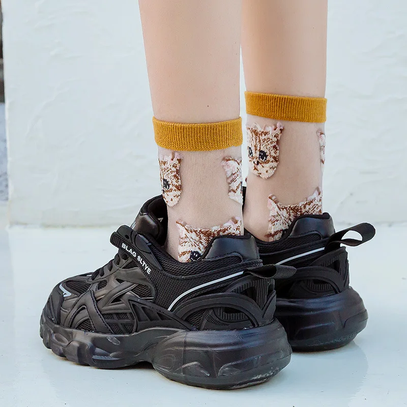 Japanese Kawaii Cartoon Cute Socks Women Summer Ultra-thin Transparent Crystal Silk Socks Casual Breathable Elastic Lace Socks