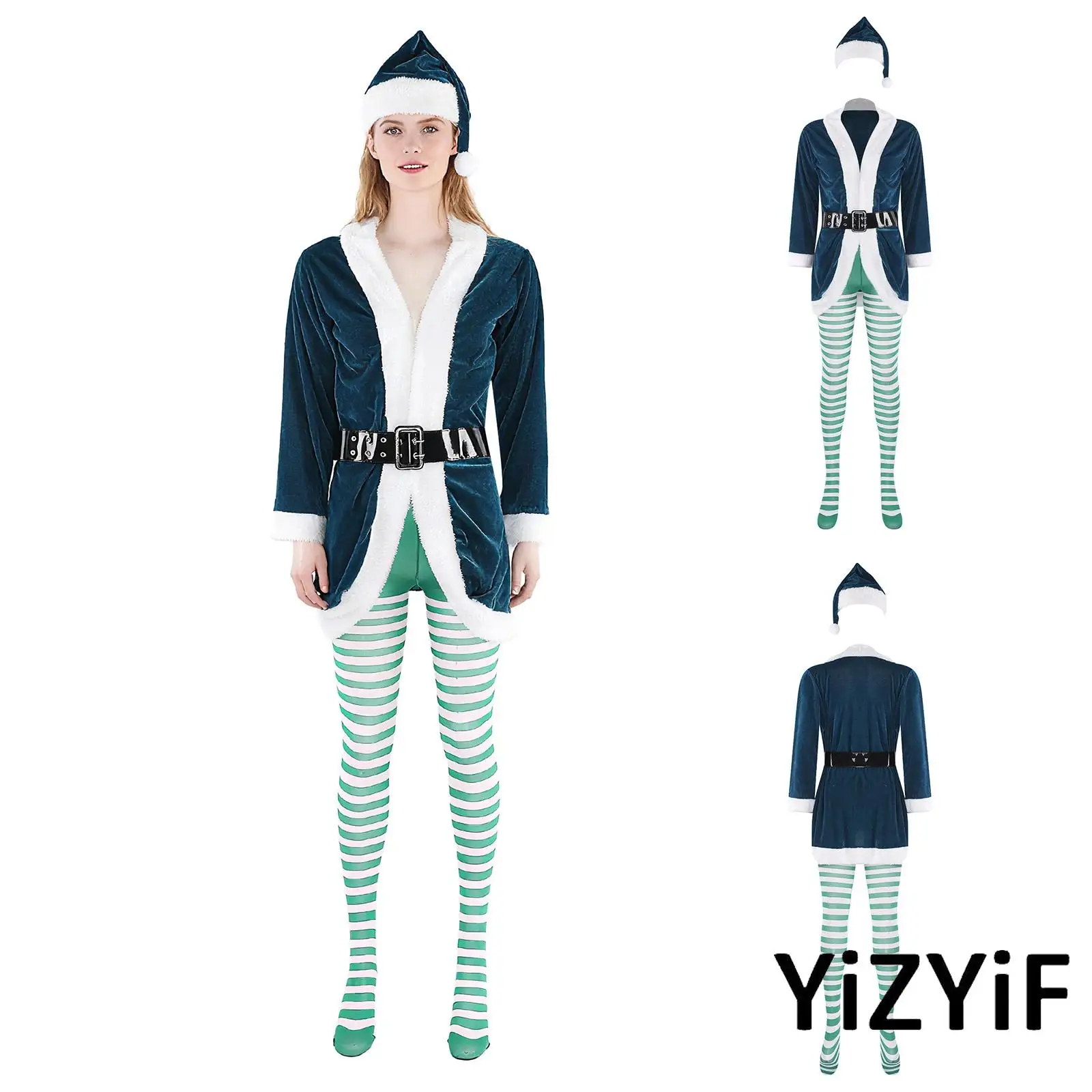 

Womens Mrs Santa Claus Costume 4 Pcs Christmas Party Outfit Xmas Pompom Hat+Long Sleeve Open Front Robe+Belt+Striped Pantyhose