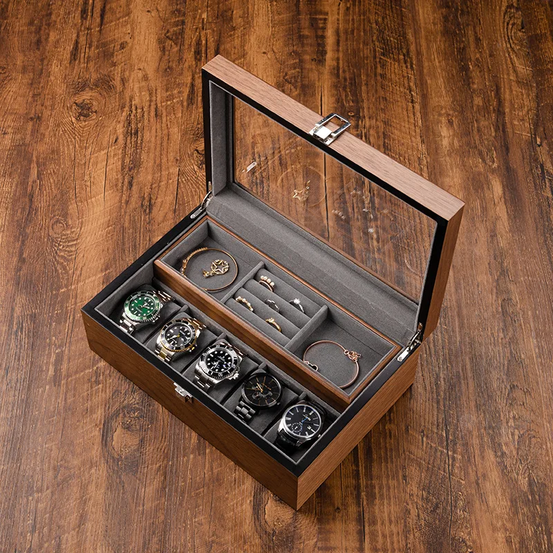 

Wooden Jewelry Box Transparent Glass Display Boxes Desktop Watch Ring Storage Case Large Capacity Jewellery Organizer Cases