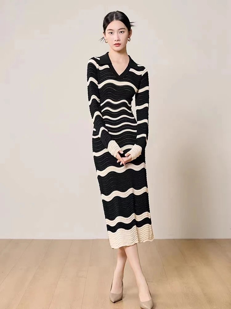 Wave Striped Slim Knitted Long Dress Women Long Sleeve V-neck Hollow Out Pencil Dresses 2024 Spring Elegant Office Ladies Vestid