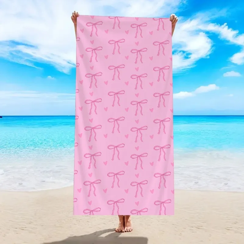 Quick Dry Beach Towel Oversized Beach Towel Pink Bow Print Lightweight Absorbent Sand Free Travel Pool Towel
