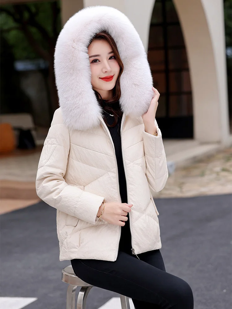 Nouveau Femmes Cuir de mouton Veste en duvet Hiver Mode Chaleur Capuche Col en fourrure de renard véritable Duvet de canard Manteau en cuir Loose Épais Manteau de dessus