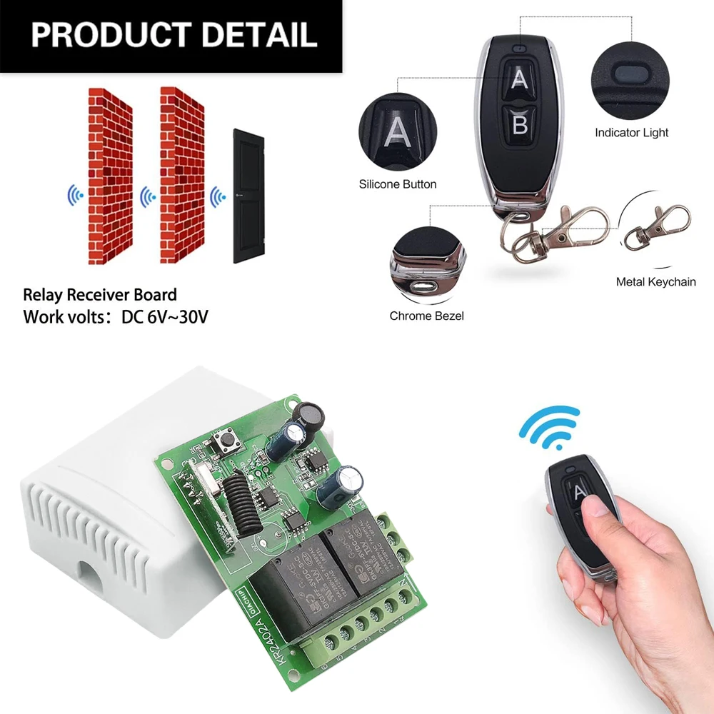 CENFAYA 433Mhz Universal Wireless Remote Control Switch DC 6V 12V 24V 30V 10A 2 Channels Relay Receiver Board 2 RF Transmitters