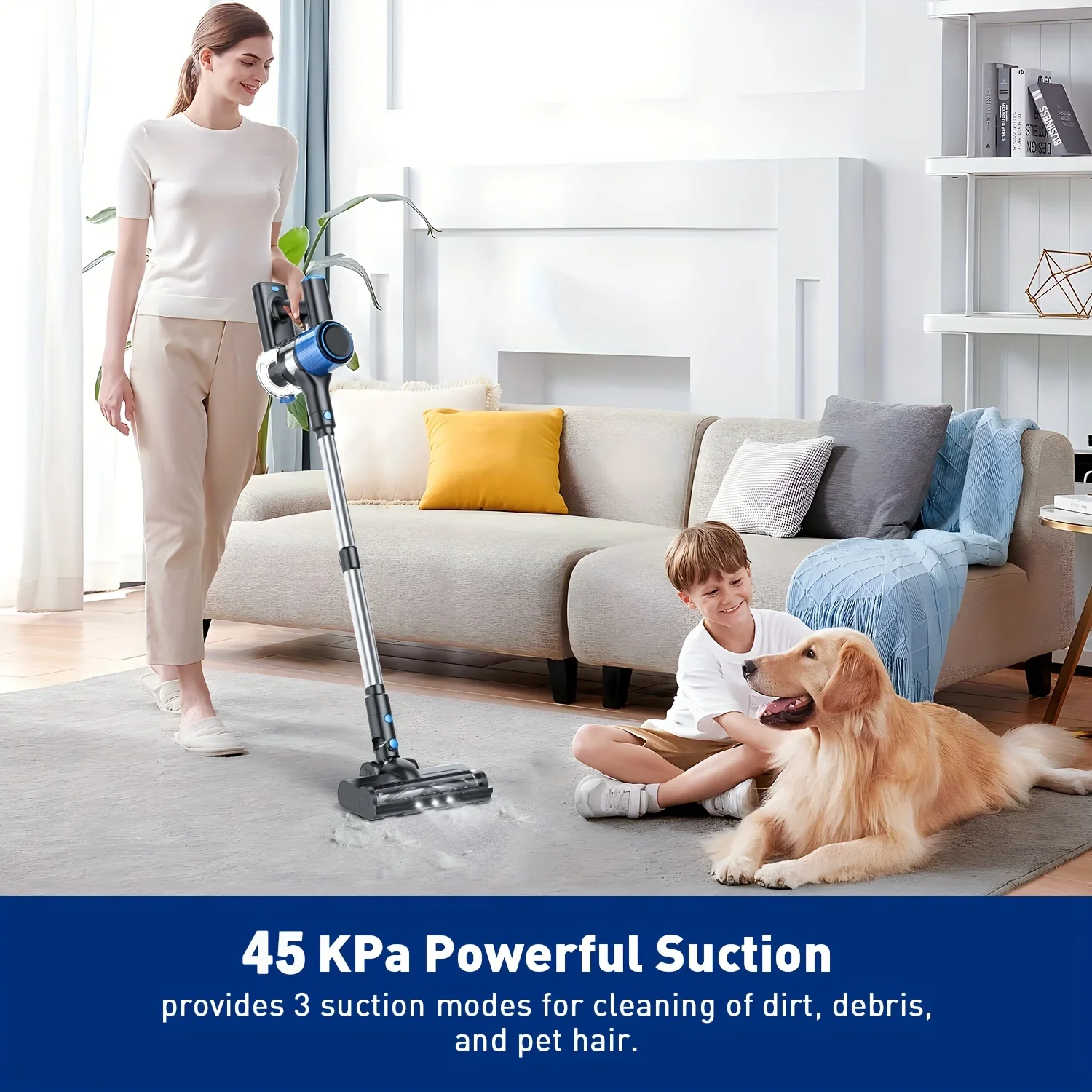 KEEHOME 8-in-1 Cordless Vacuum Cleaner Blue Powerful Suction Stick Vacuum with LED Display 3 Modes Anti-Tangle Lightweight for Hardwood Carpet Pet Hair