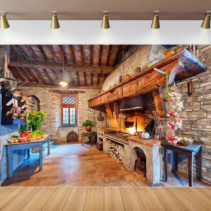 Fondo de fotografía de cocina de granja antigua estilo rústico occidental antiguo Inn restaurante chimenea decoración Interior fondo