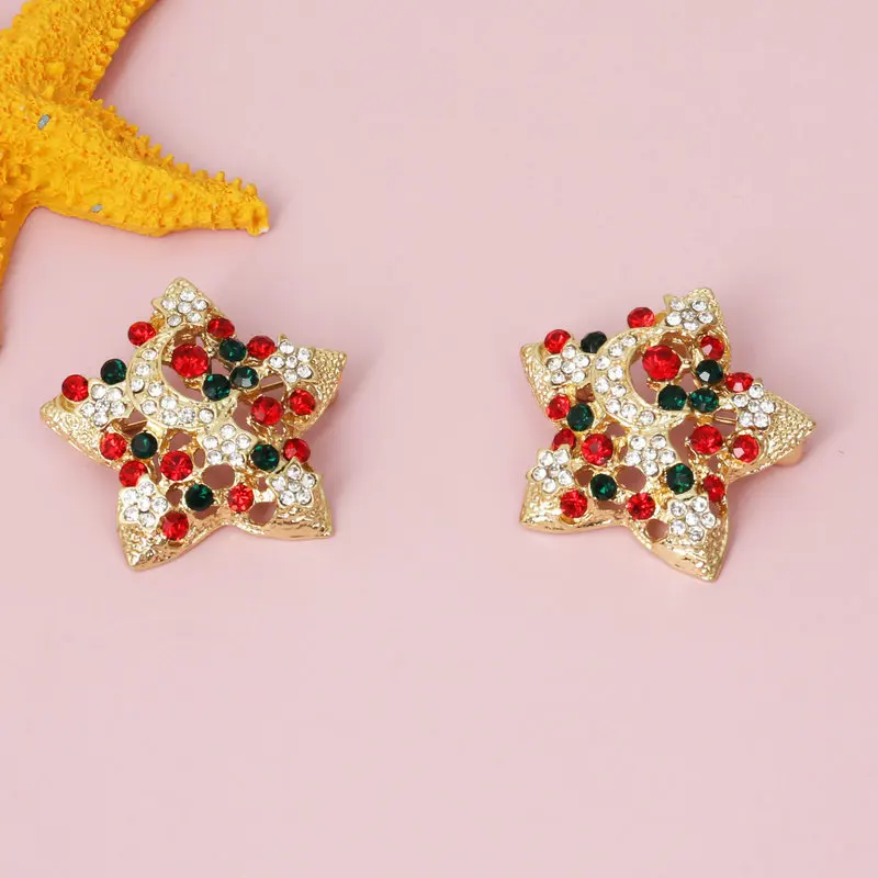 Christmas series brooch with diamond studded five pointed star pin, cute women's chest flower, foreign trade jewelry