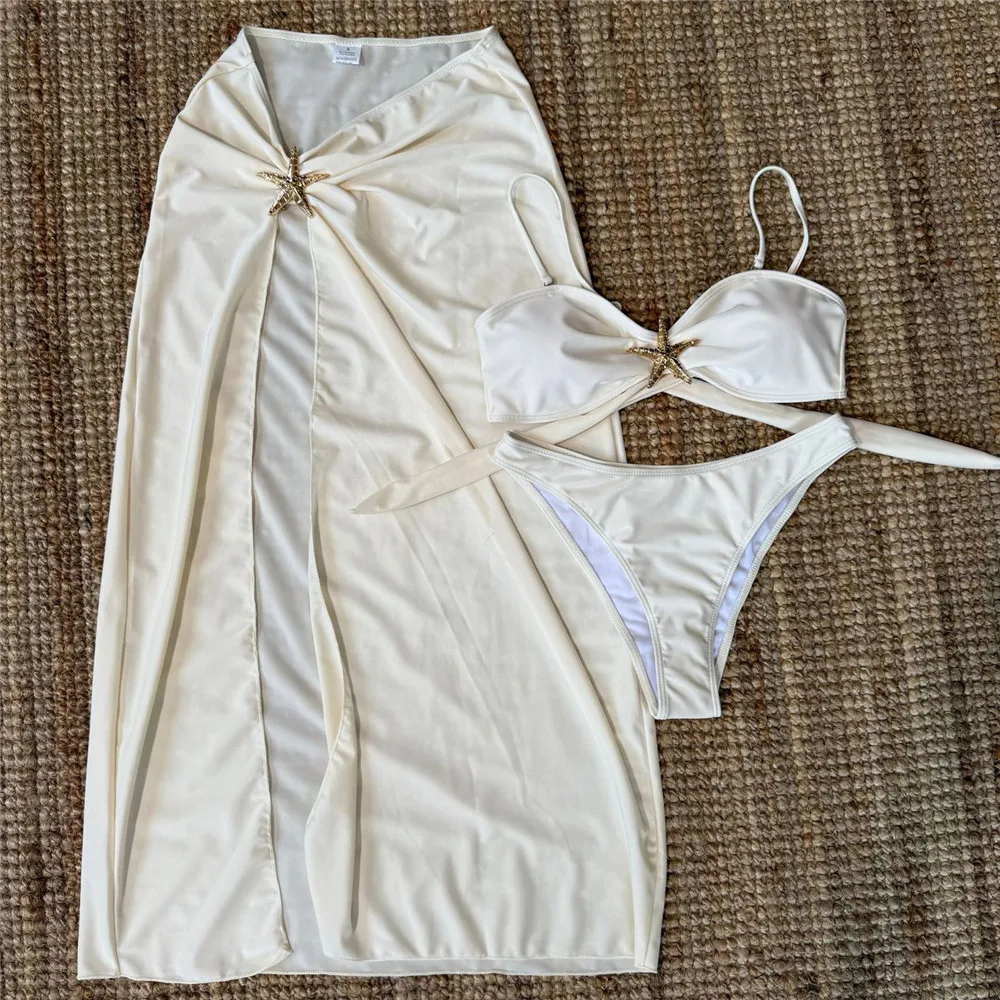 Metal Starfish White Bikinis Sets 3 Pieces Cover Up Sexy Swimsuit Women Holiday Swimwear Back Knotted Beach Wear Bikini 2025