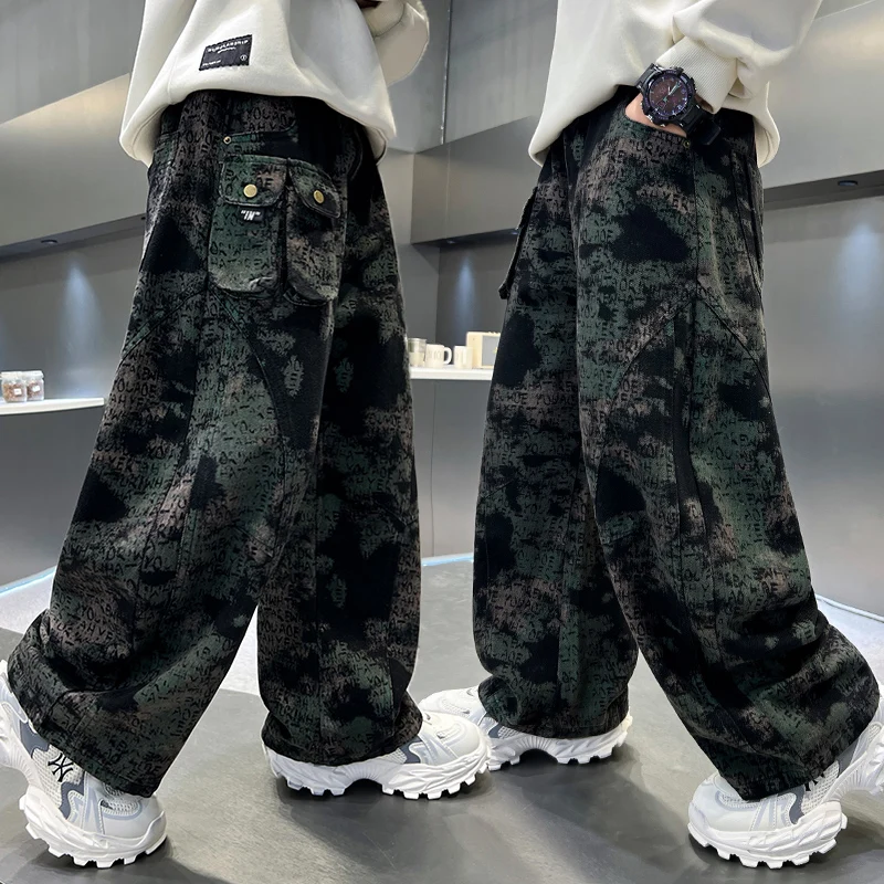 

Korean Style Apring and Autumn New Children's Clothing Straight Trousers with Letter Print Kids Boys Fashion Drawing Denim Pants