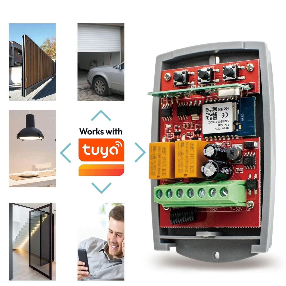 Smart Garage Door Receiver Universal 433mhz Remote Control 2CH 12V 24V 220V Relay RF Module Work With Tuya