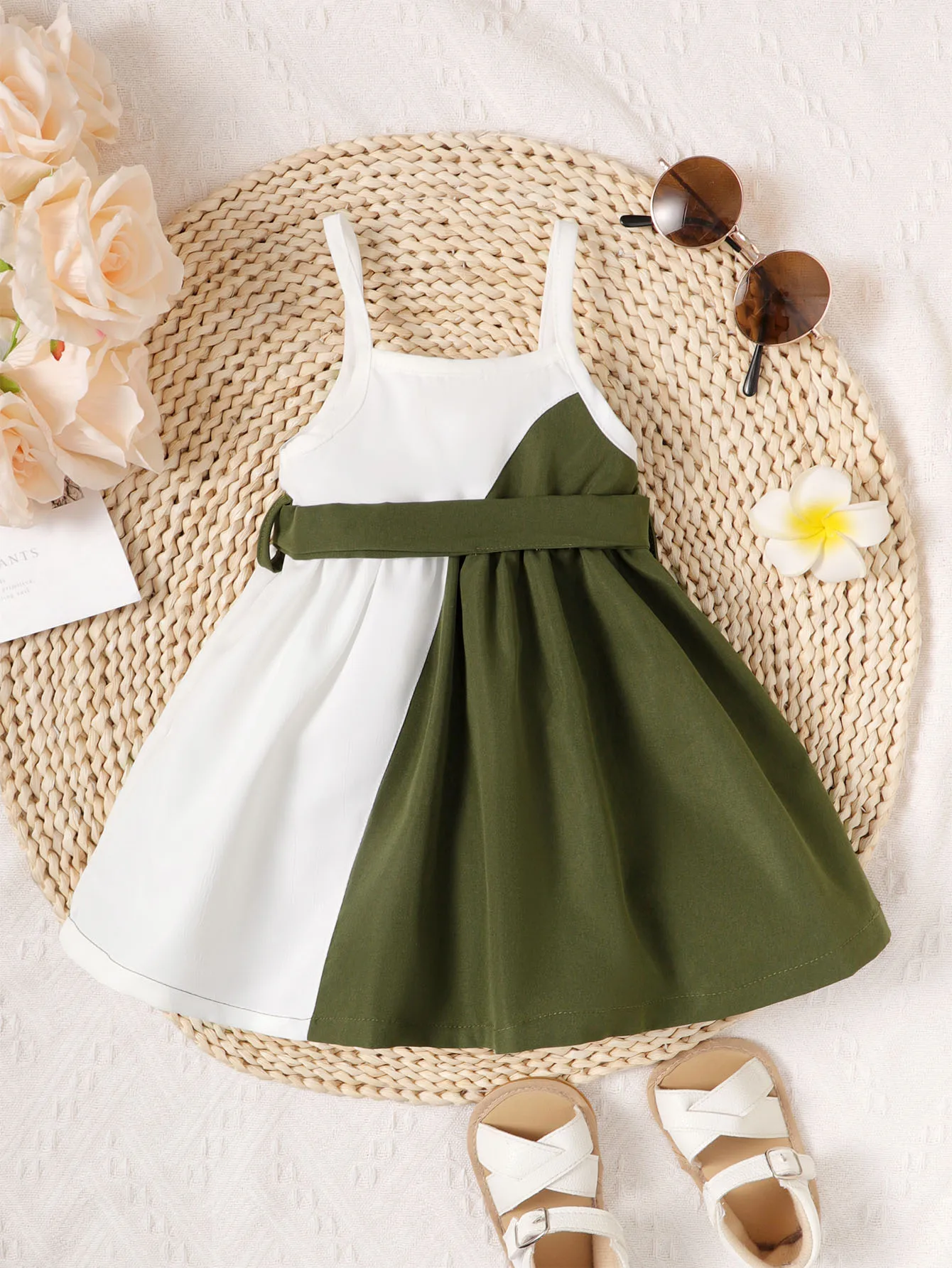 0-3 Year Old Cute Baby Girl Suspender Color Blocked Lace Up Dress, Toddler Baby Girl Summer Casual Dress