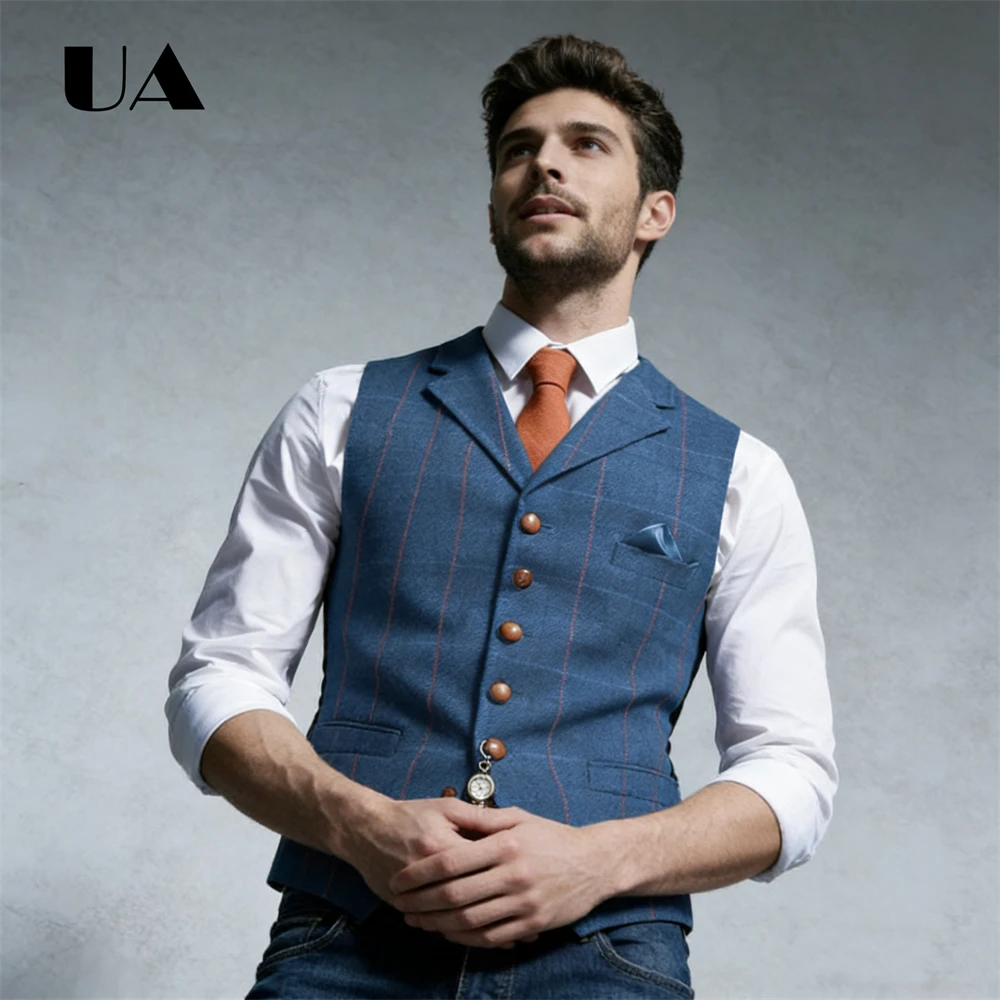 Blue Plaid Men's Waistcoat Wool-blend Plaid Fabric Chest Pocket Ideal for Formal Events, Wedding, Prom Party