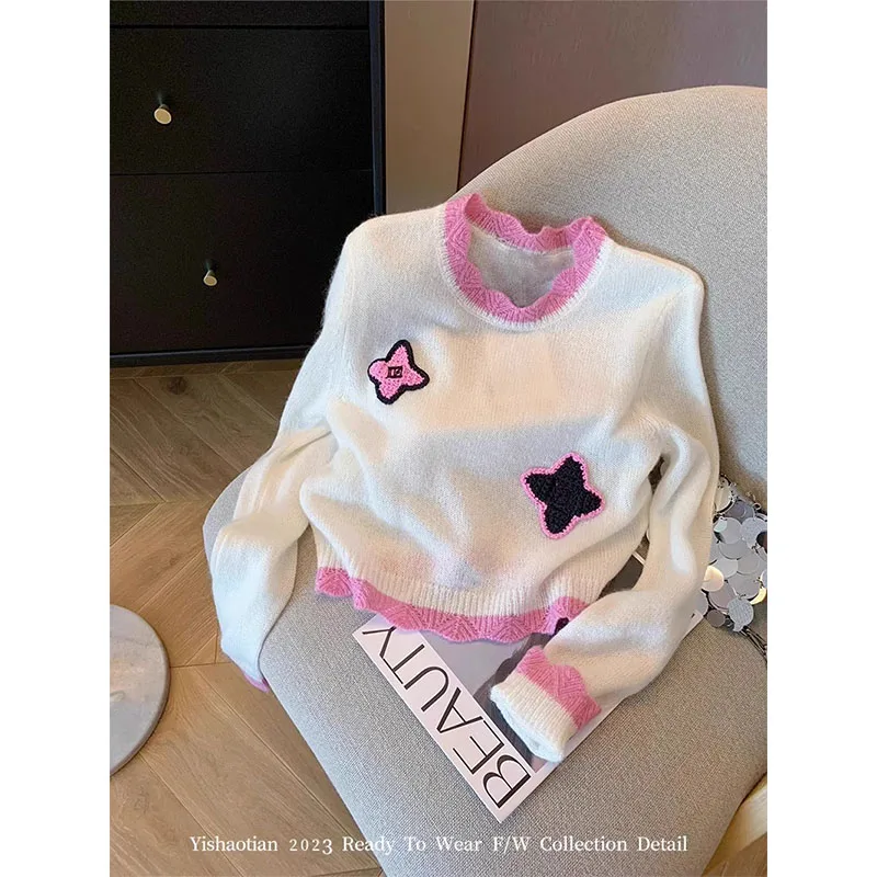 

2024 Autumn Knitting Long Sleeve Sweet Jumpers Casual Y2k Pullovers Korean Fashion Women Print Round Neck Ladies Fashion Sweater