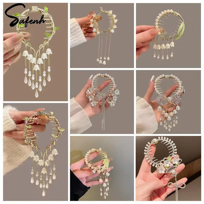 

Elegant Lily Of The Valley Flower Pearl Rhinestone Tassel Ponytail Buckle Hair Bun Clips Hair Pins Women Girls Hair Accessories