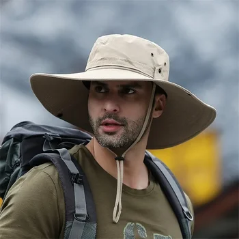 2025 neue Mode Sommer Eimer Hut Cowboy Männer Outdoor Angeln Wandern Strand Hüte Mesh Atmungsaktive Anti UV Sonne Kappe Große breite Krempe