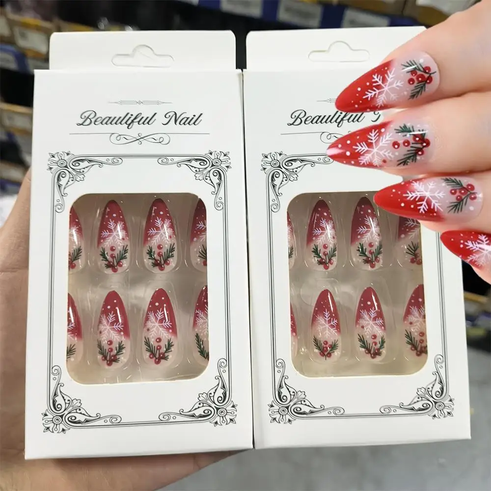 24 stuks Red Berry Holly Christmas Press On Nails Medium Amandel Franse nepnagels Witte Sneeuwvalken Dot Design Wearable Valse nagels
