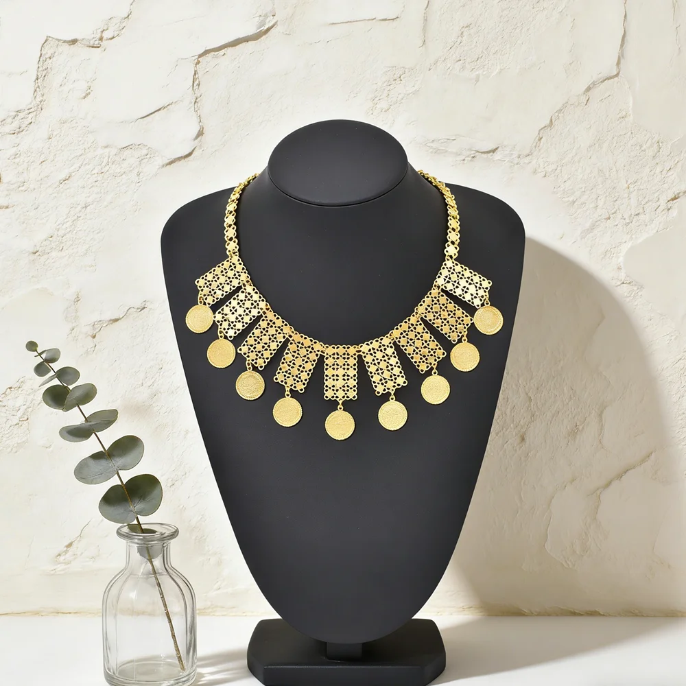 Vintage Hollow Grid Mesh Coin Choker Multi Tier Fan-shaped Mesh Fringe Neck Chain For Wedding Dress Matching Outfits