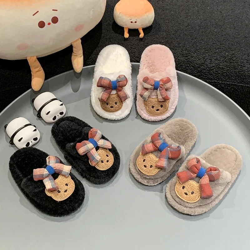 Chic Children's Slipper for Girls Cute Bear Bowknot Kids' Winter Shoes Soft Bottom Fluffy Toddlers Fashion Sweet Cotton Slippers