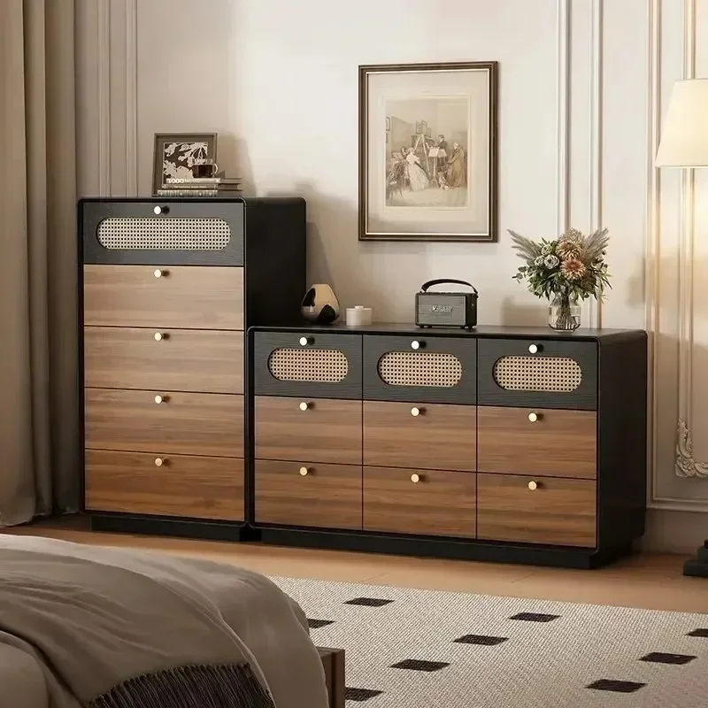 Retro medieval style bedside cabinet, walnut color living room storage cabinet, chest of drawers