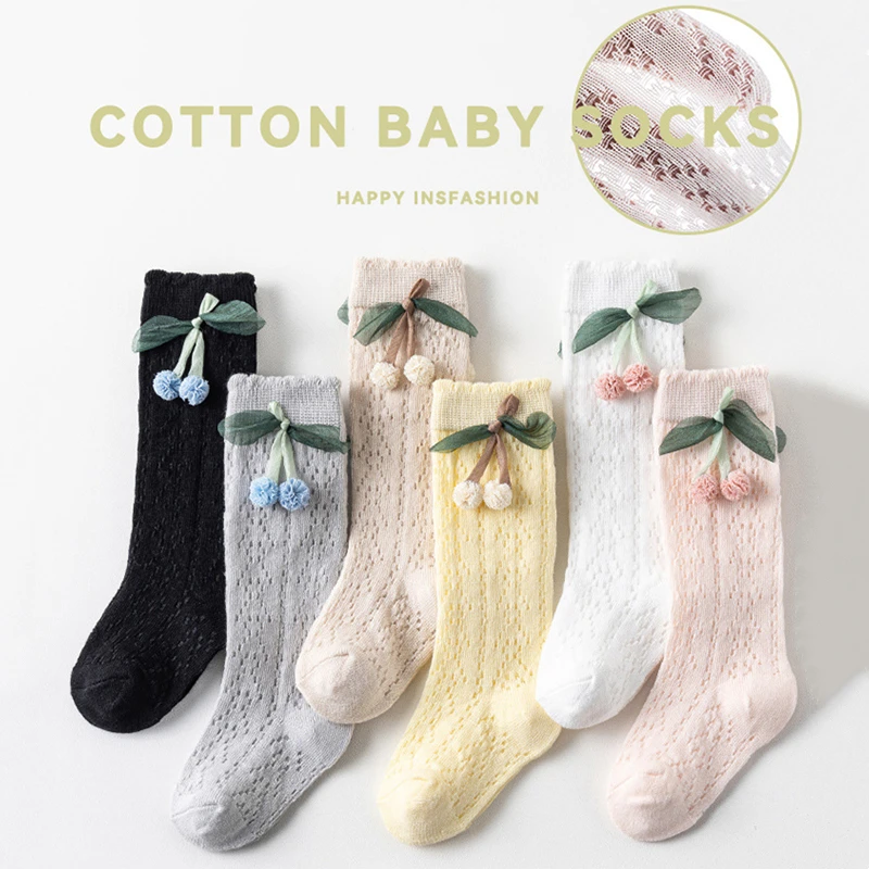 

1 пара детских носков, летние испанские модные однотонные сетчатые дышащие гольфы с вишневым галстуком-бабочкой для девочек и детей