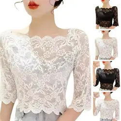 Blusa de encaje Floral para mujer, Top de manga larga blanco y negro, camiseta Sexy para mujer, Tops recortados transparentes, camisetas ajustadas para mujer