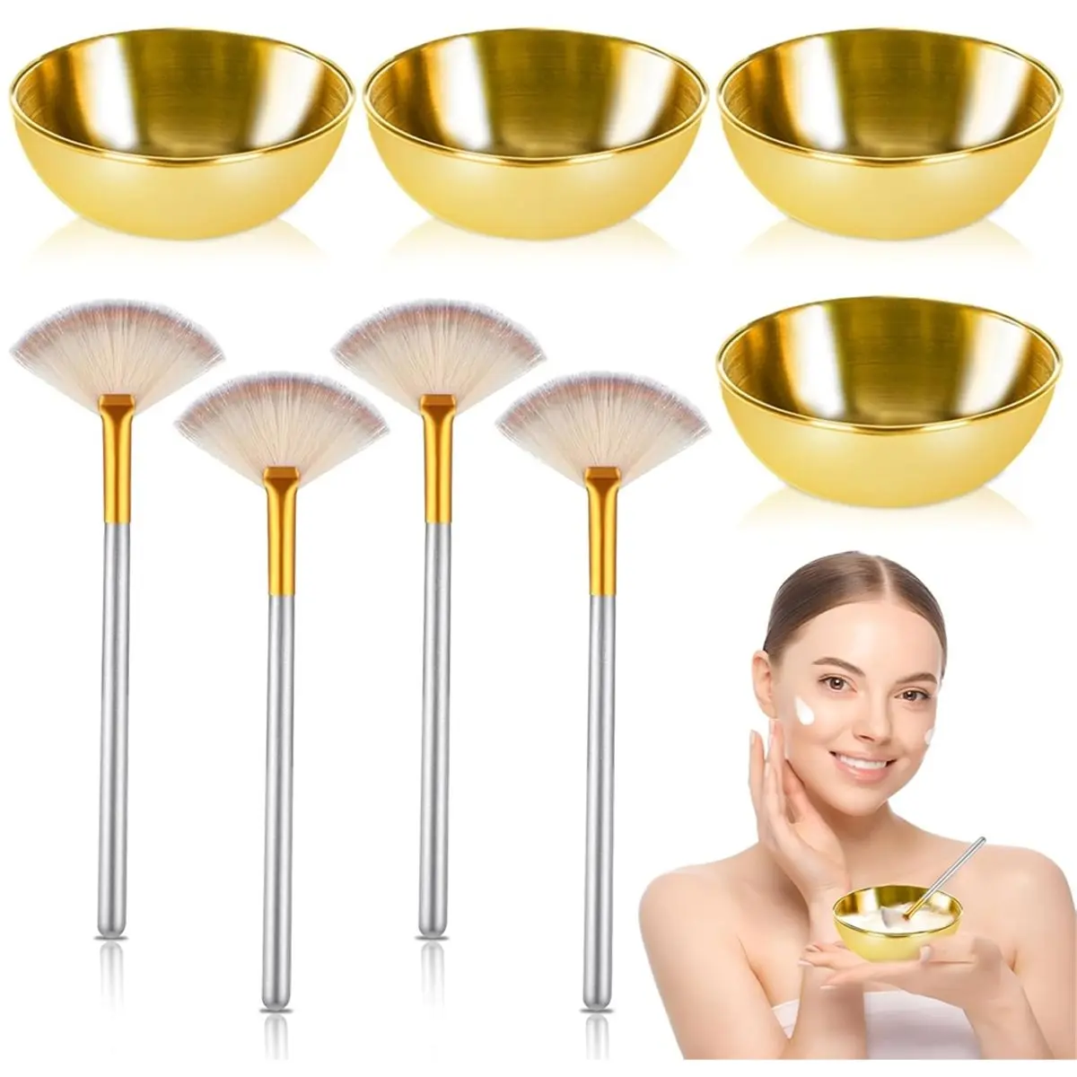 [NEW] 8 Pcs Gold Bowl and Brush Set 4 Stainless Steel Mixing Bowls 4 Fan Brushes for Mud Cream Makeup Spa Salon