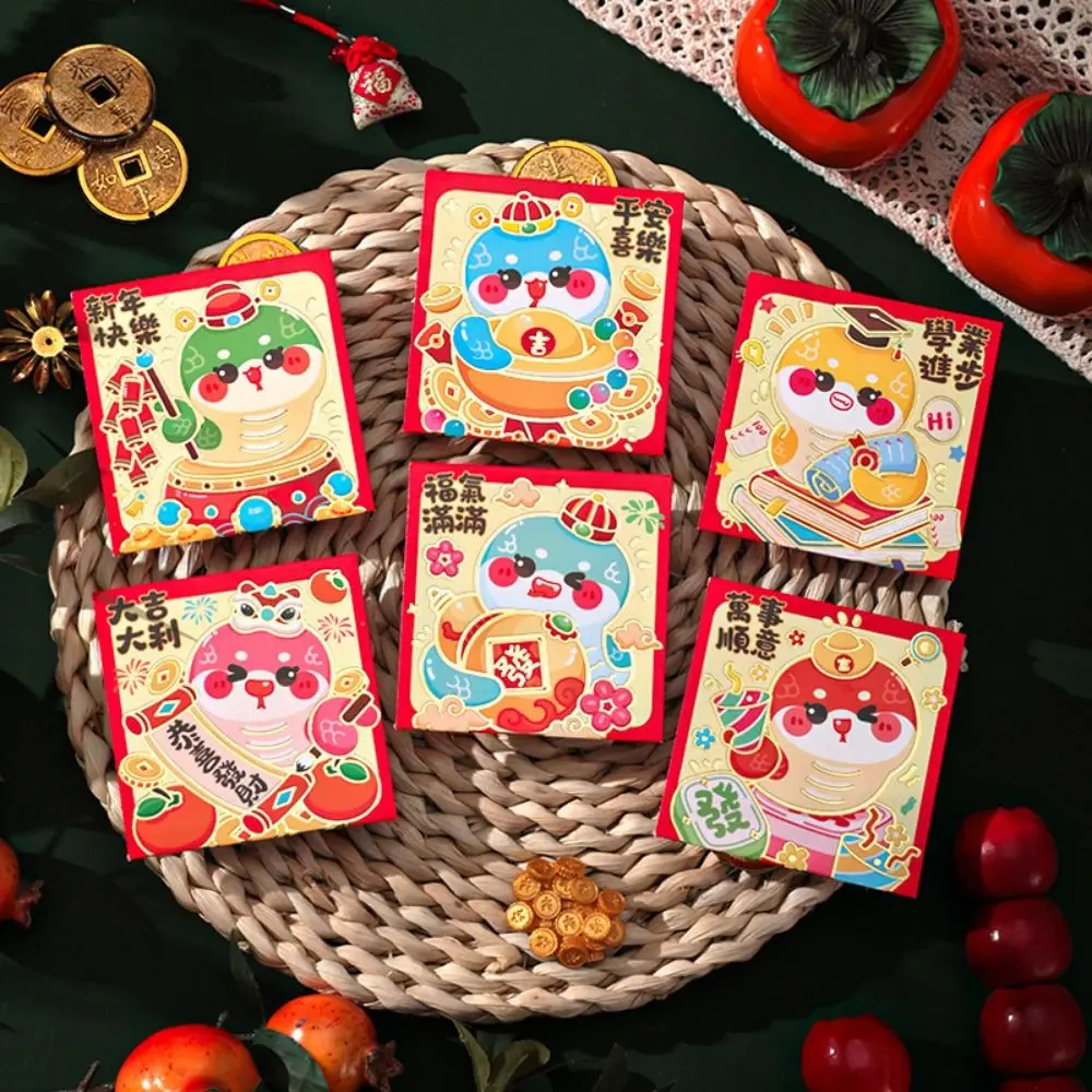 6Pcs Amplop Merah Kartun Personal 2025 Tebal Lucu Amplop Keberuntungan Merah dengan Stempel Emas Tahun Baru Amplop Merah Pernikahan