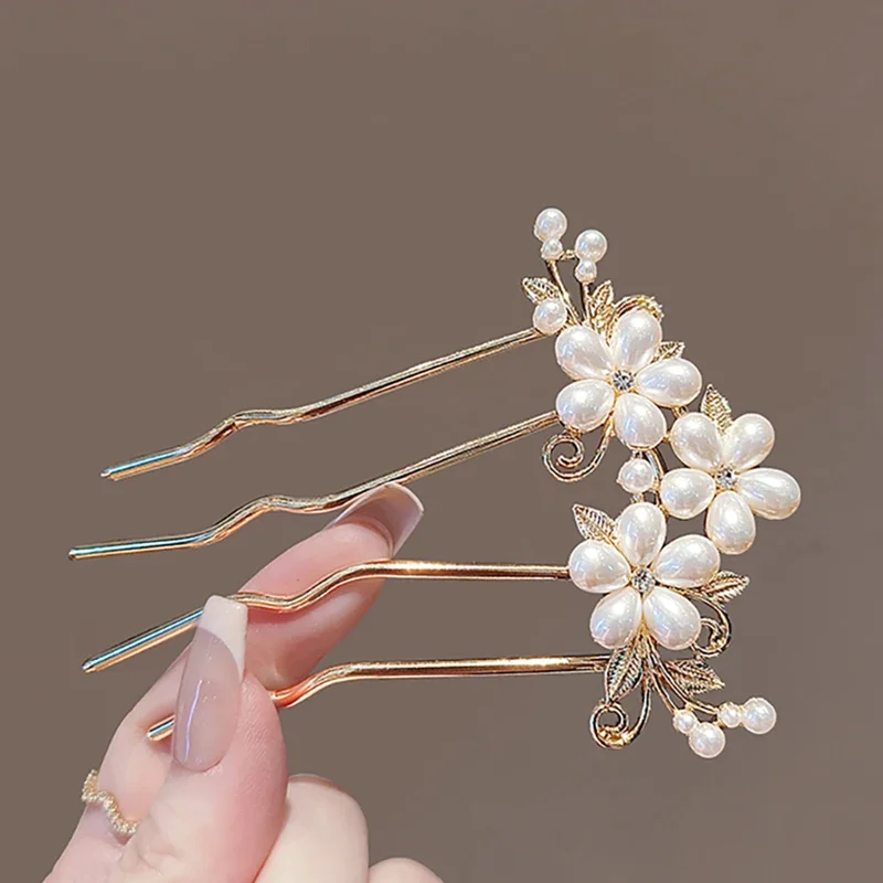 Retro Französischer Stil Haarknoten-Accessoires Elegante Perlen Blumen-Haarkämme Damen U-förmige Haarspange Metall-Haarklammer Elegant