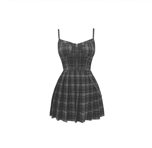 Gothic Girls\' Sleeveless Pleated Plaid Mini Short Dress, Sexy Sling Dress, Grey, Black, Gothic Style, Spring, Summer