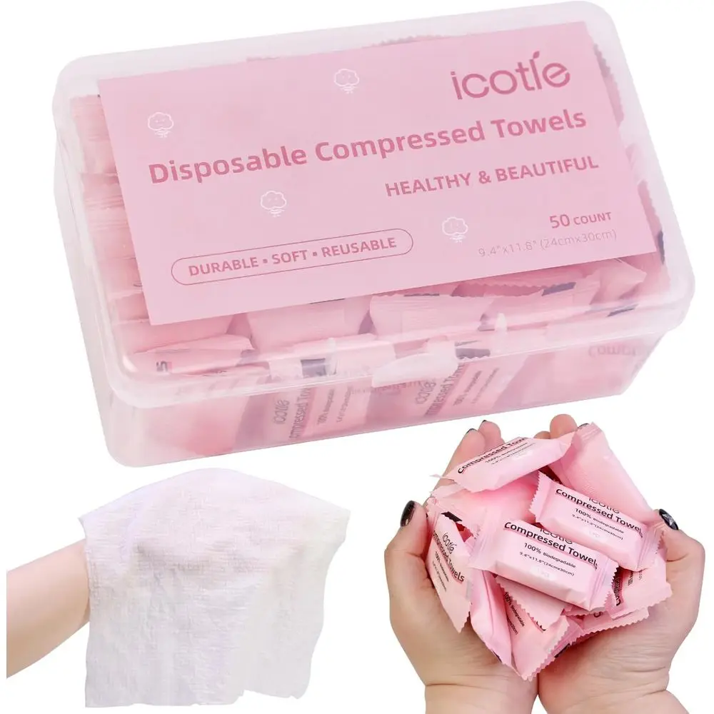 

50 Pack Disposable Cotton Coin Towels - Portable, Thick, Expandable for Travel, Home, Outdoor, Gym, Makeup Removal