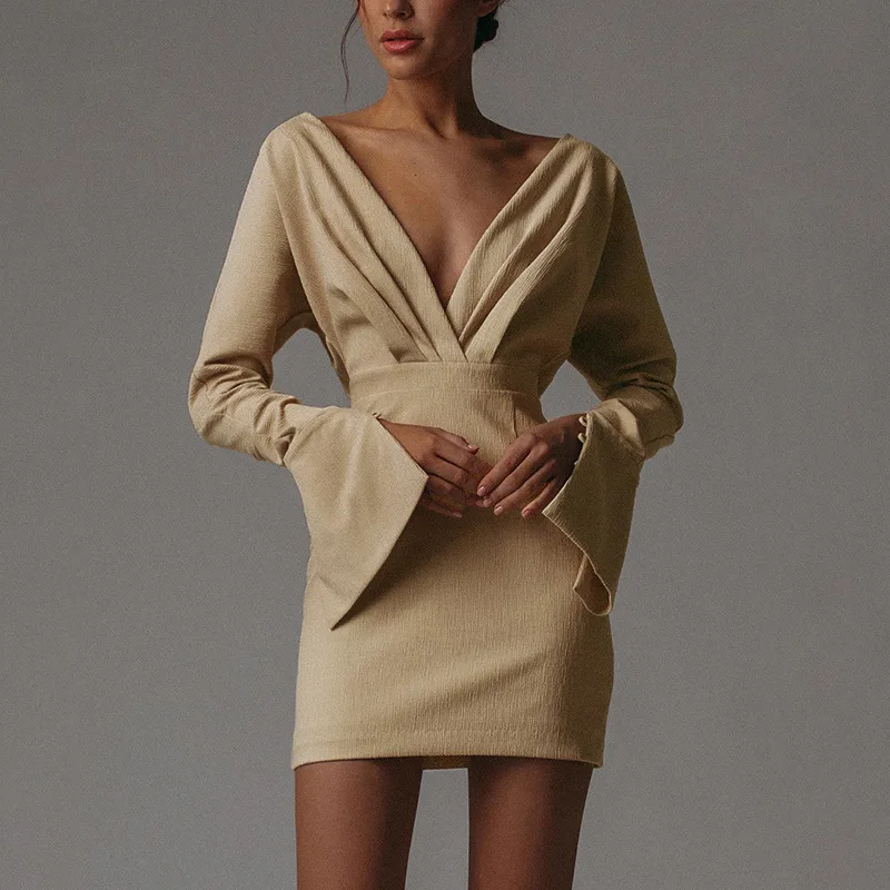 

Women Sexy Party Dress Deep V Neck High Waist Long Sleeve Mini Dresses Slim Chest Folds Autumn Night Club Female Vestidos 2022