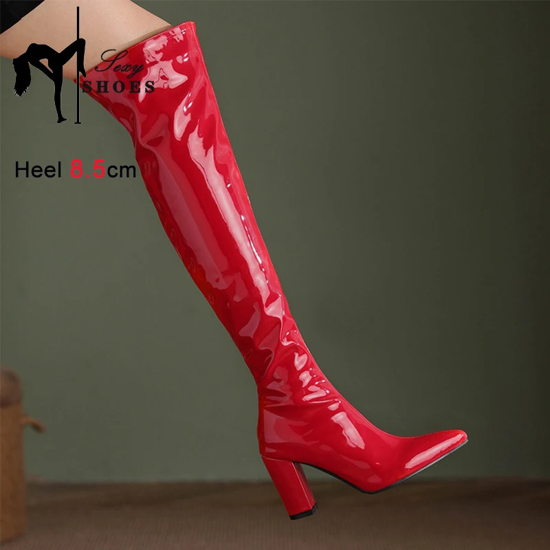 Sexy Over-the-Knee Pu Leather Women Thigh Boots Pinted Toe Zipper Square Heel High Heel Ladies Shoes Autumn Winter Chunky Boots