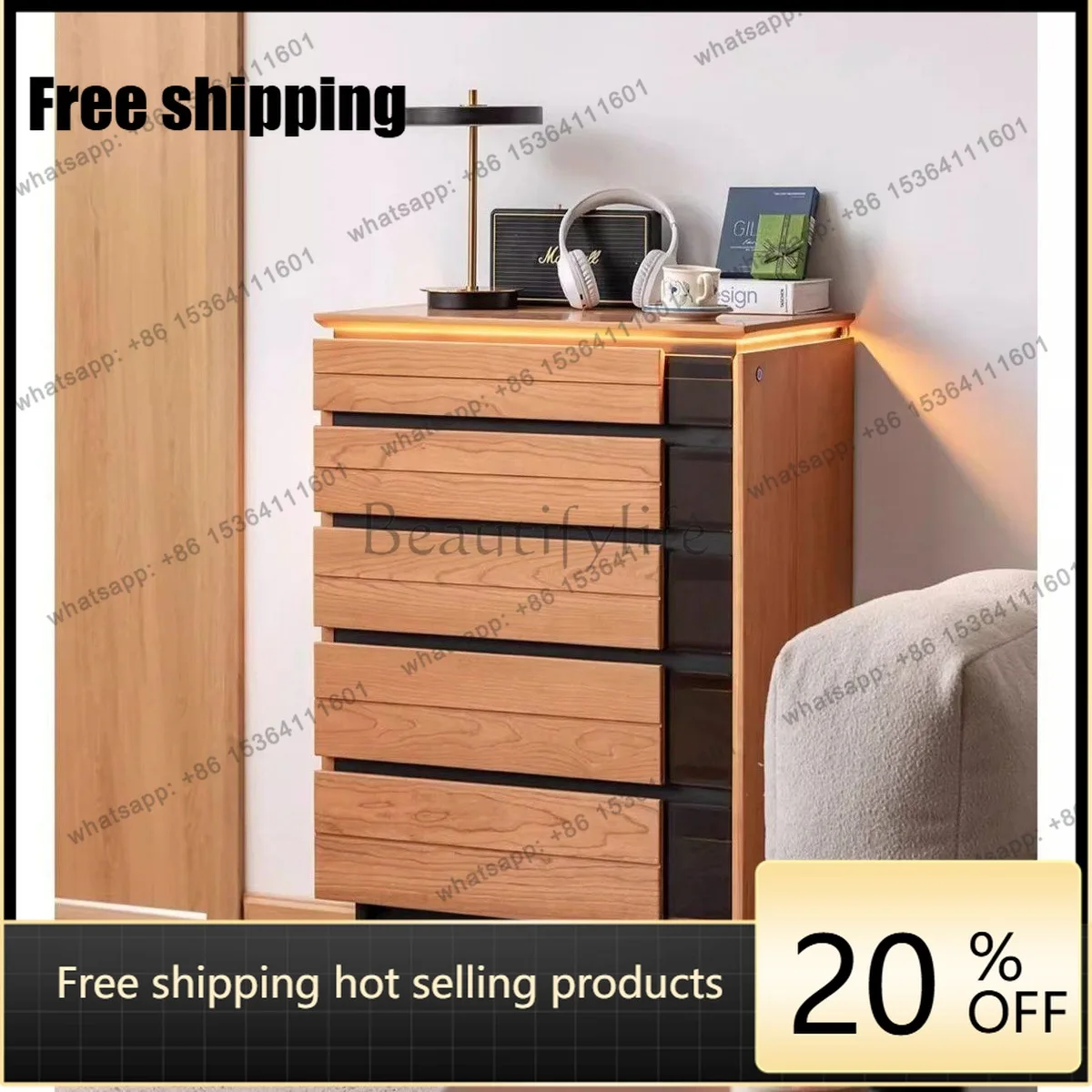 

LD Japanese-style solid wood chest of drawers, cherry-colored bedroom, living room storage locker