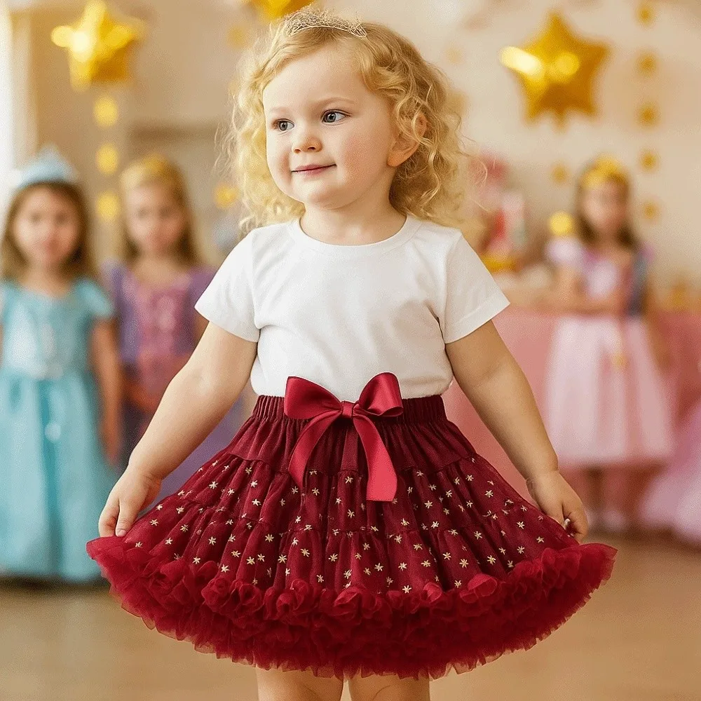 

Adorable Star Sequins Girls Tutu Skirts Multi-layered Fluffy Children Short Dress Cute Elastic Pleated Tulle Skirts Prom Evening
