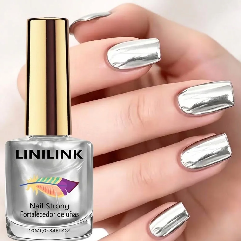 LINILINK 10ML Mirror Silver Nail Strengthener Quick-Dry Long-Lasting Metallic Chrome Nail Varnish for Commute Date Party