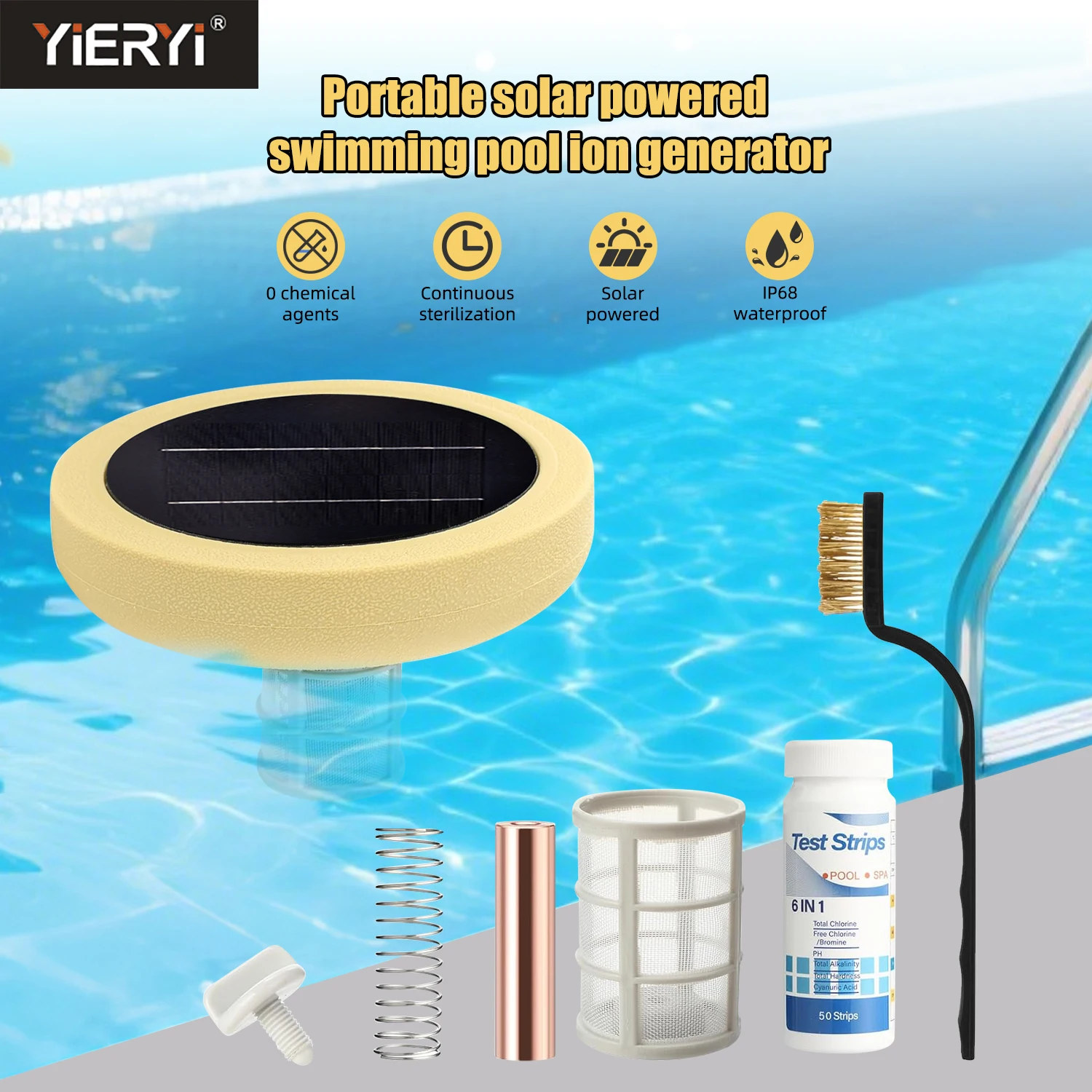 

Yieryi Солнечный ионизатор для бассейна, медная ионизация, плавающий очиститель для бассейна, очиститель, комплект фильтрации с тестовыми полосками для бассейна, спа, пруда, ванны