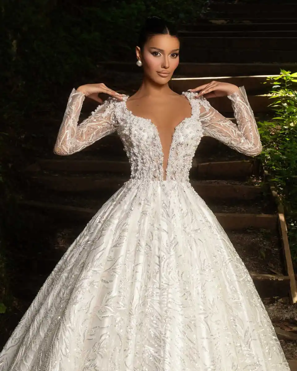 Lindo vestido de noiva linha a, pescoço quadrado, manga comprida, pérolas, vestido de casamento, lantejoulas, trem de varredura, renda, vestidos de noiva personalizados